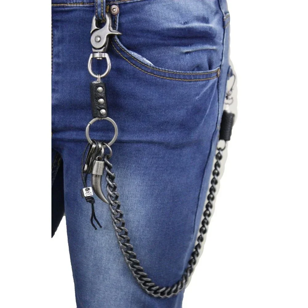 New Men Silver Metal Wallet Chain Bull Long Horn Western Skull Charm Biker Bold